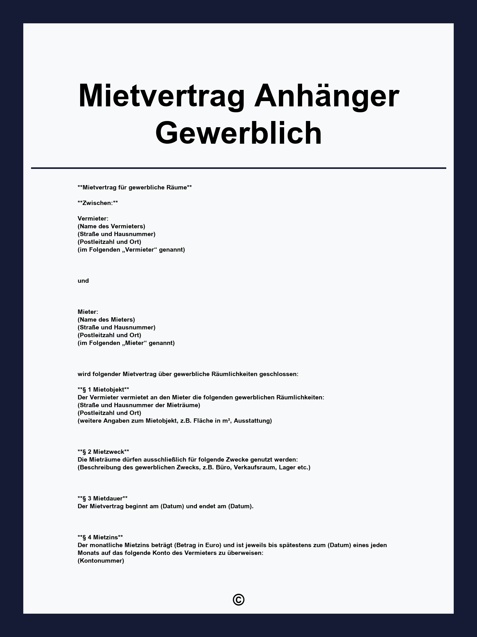 Mietvertrag Anhänger Gewerblich