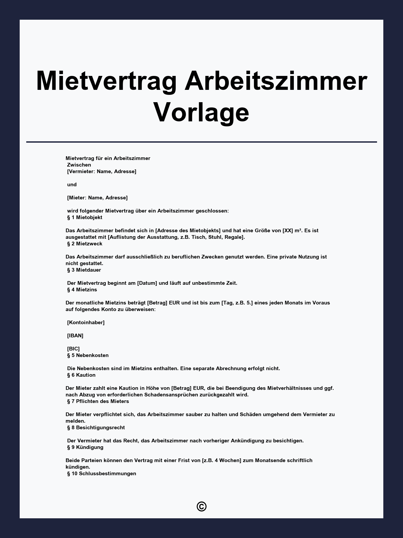 Mietvertrag Arbeitszimmer Vorlage