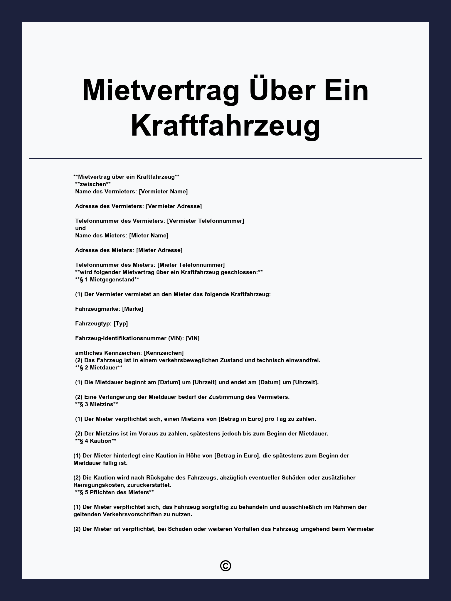 Mietvertrag Über Ein Kraftfahrzeug