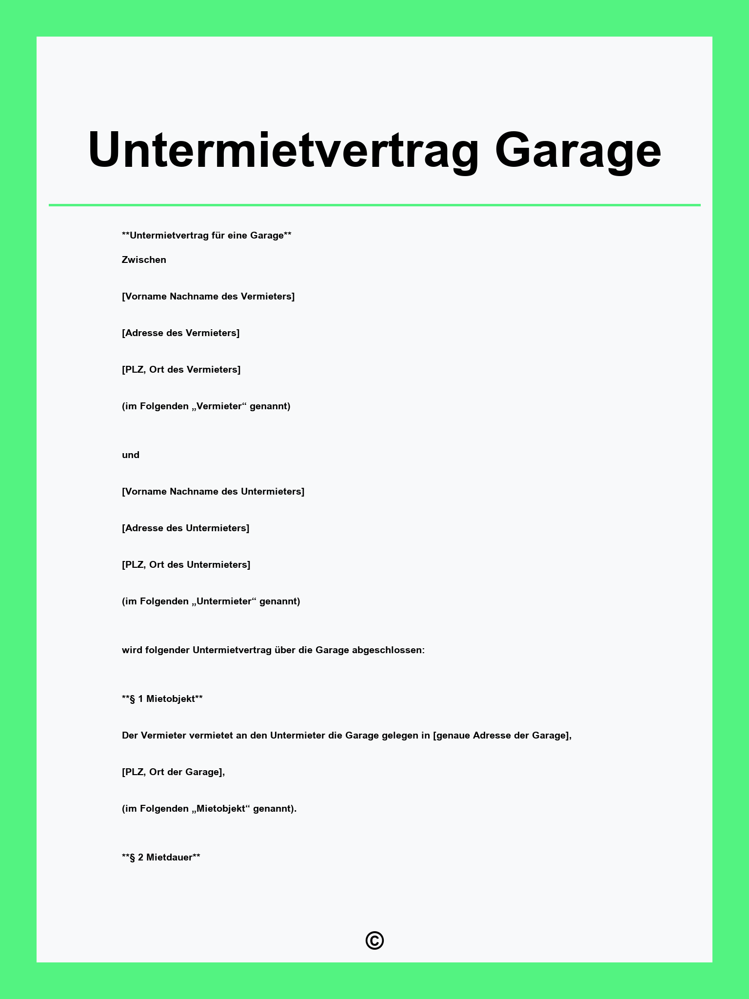 Untermietvertrag Garage