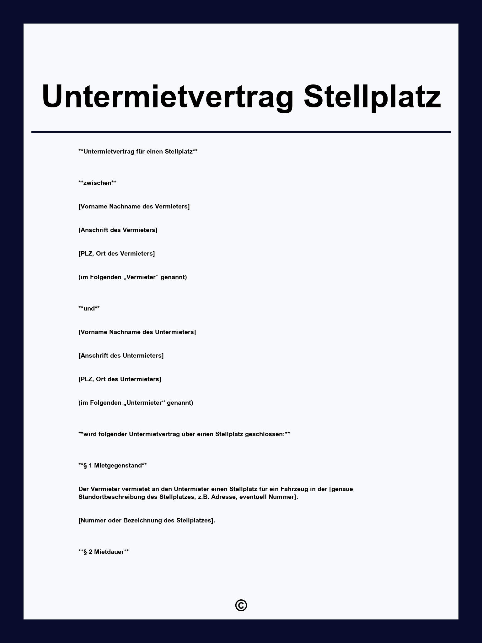 Untermietvertrag Stellplatz