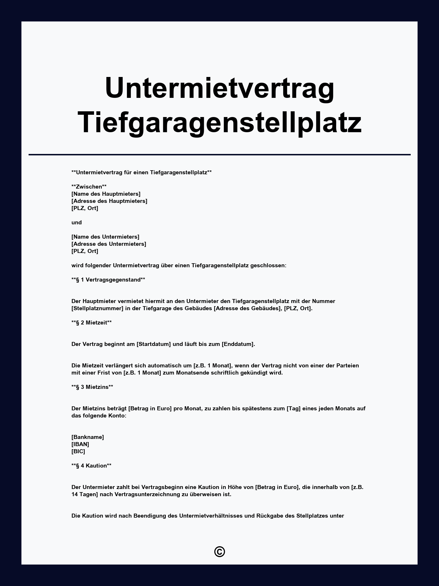 Untermietvertrag Tiefgaragenstellplatz