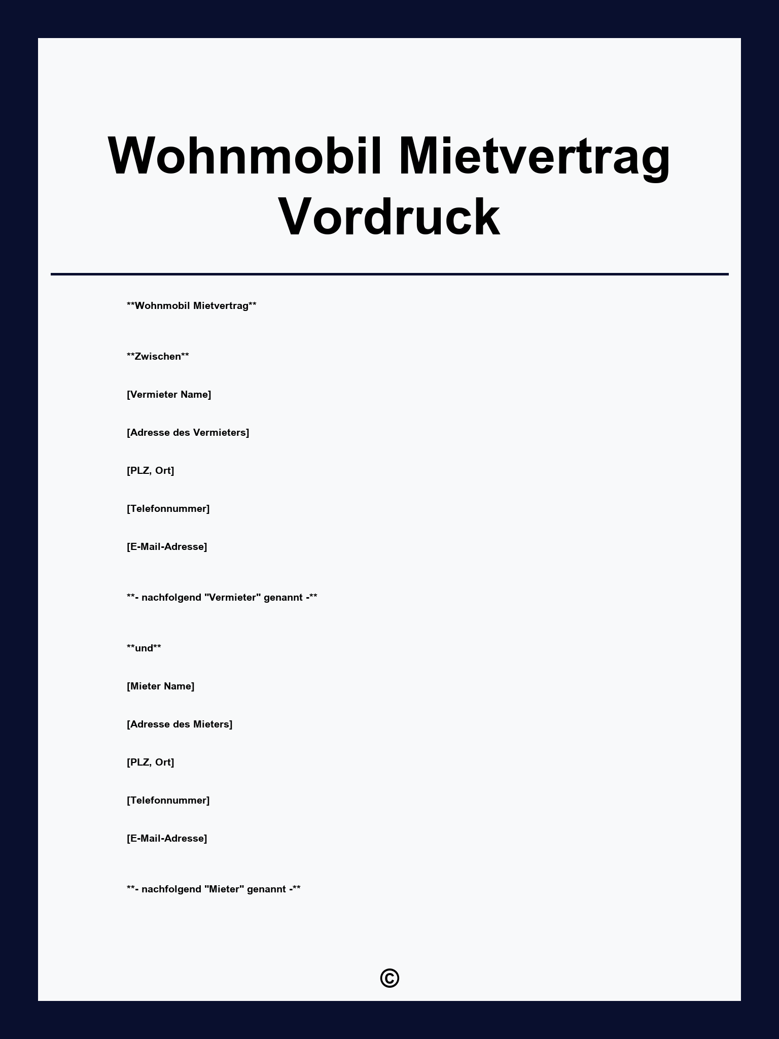 Wohnmobil Mietvertrag Vordruck